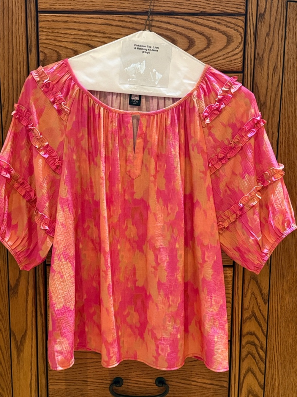 Pink and Orange Ruffle-Sleeve Peasant Blouse